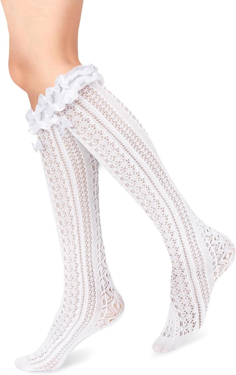 Benefeet Sox Lace Fishnet Knee High Socks Women Girls Ruffle Mesh Knee Highs Lolita Socks Fishnet Stockings - Image 4